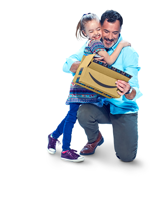 Man in a plaid shirt and woman in a pink sweater opening a package from Amazon fulfillment